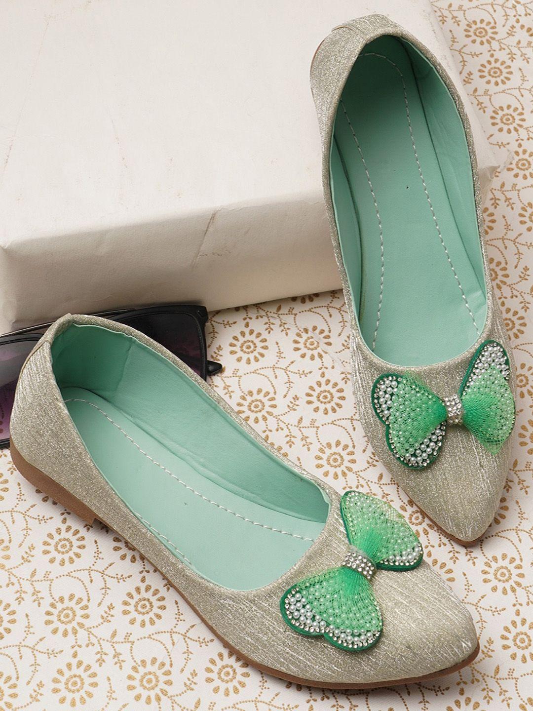 baesd girls green textured ballerinas with bows flats