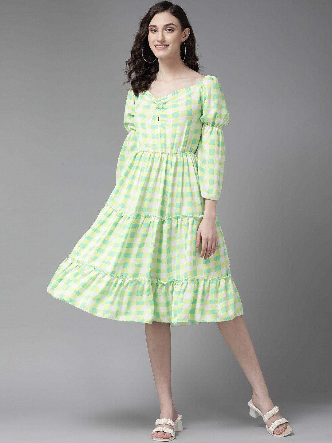 baesd green checked puff sleeve fit & flare dress