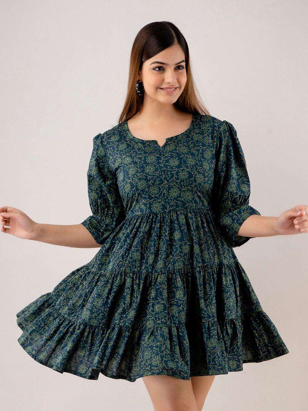 baesd green floral print fit & flare dress