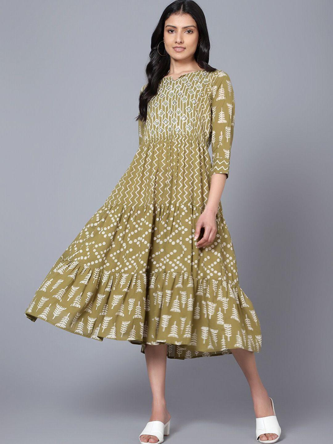 baesd green puff sleeve a-line midi dress