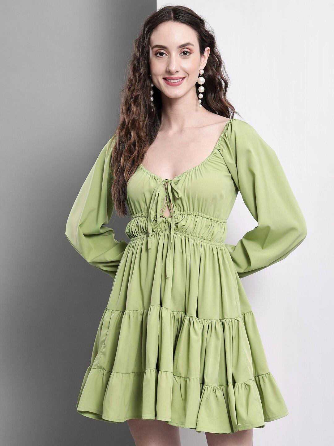 baesd green puff sleeve fit & flare dress