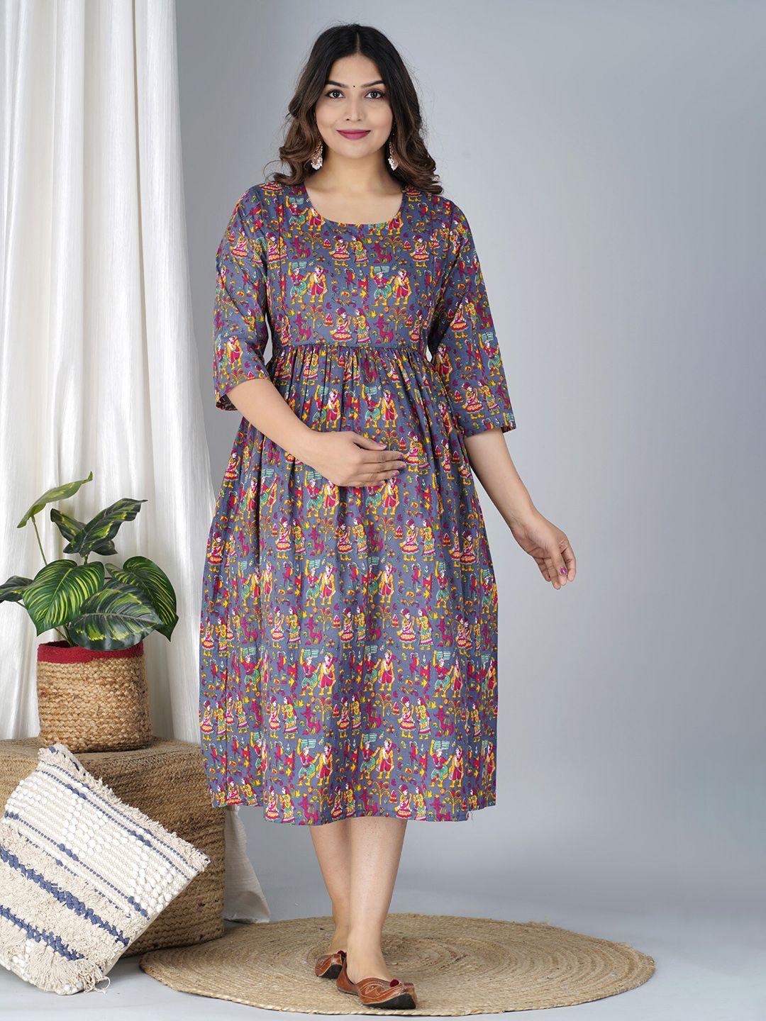 baesd grey ethnic motifs print maternity fit & flare ethnic dress