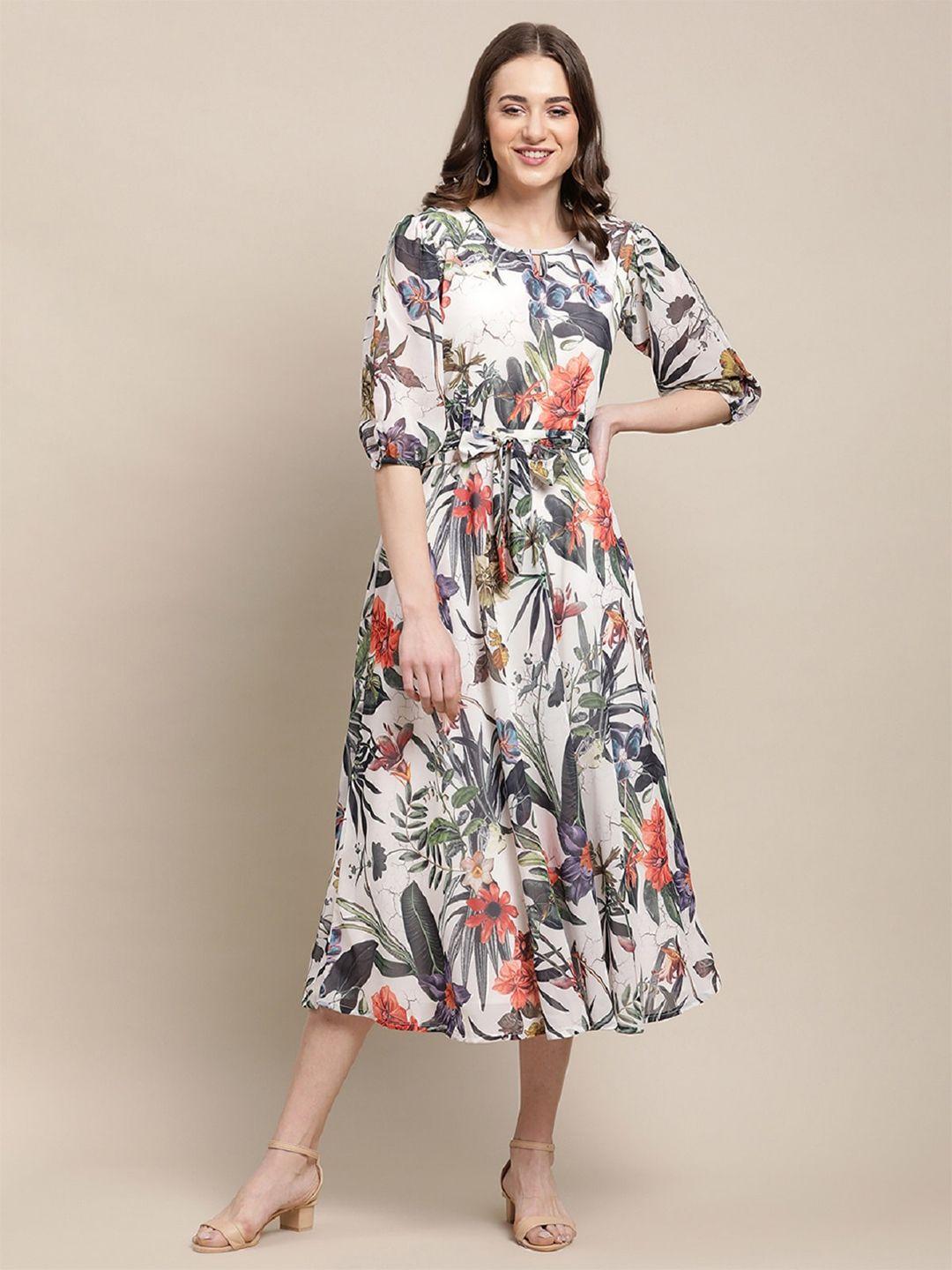 baesd grey floral print georgette a-line midi dress