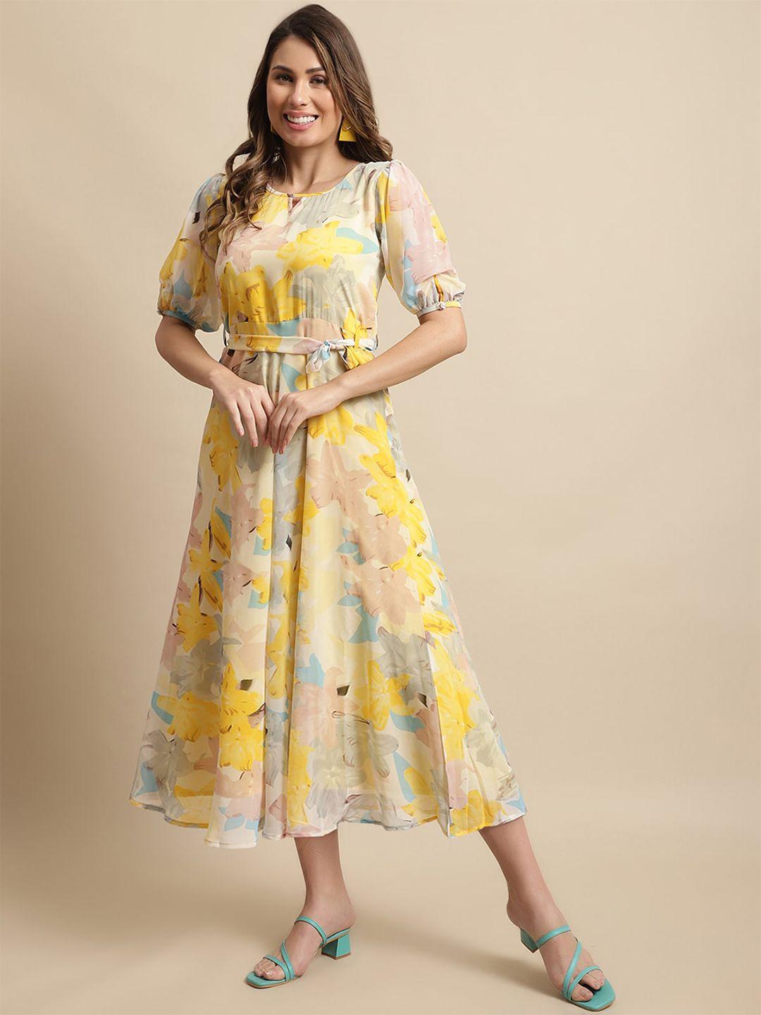 baesd grey floral print georgette a-line midi dress