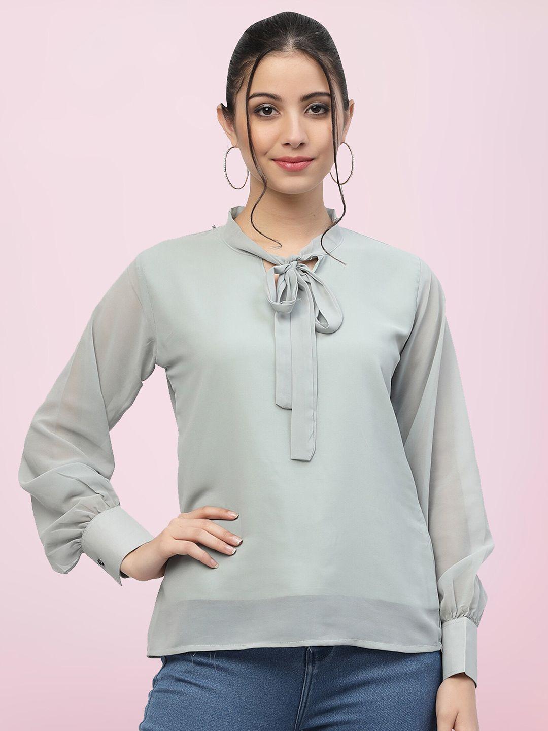 baesd grey tie-up neck georgette top