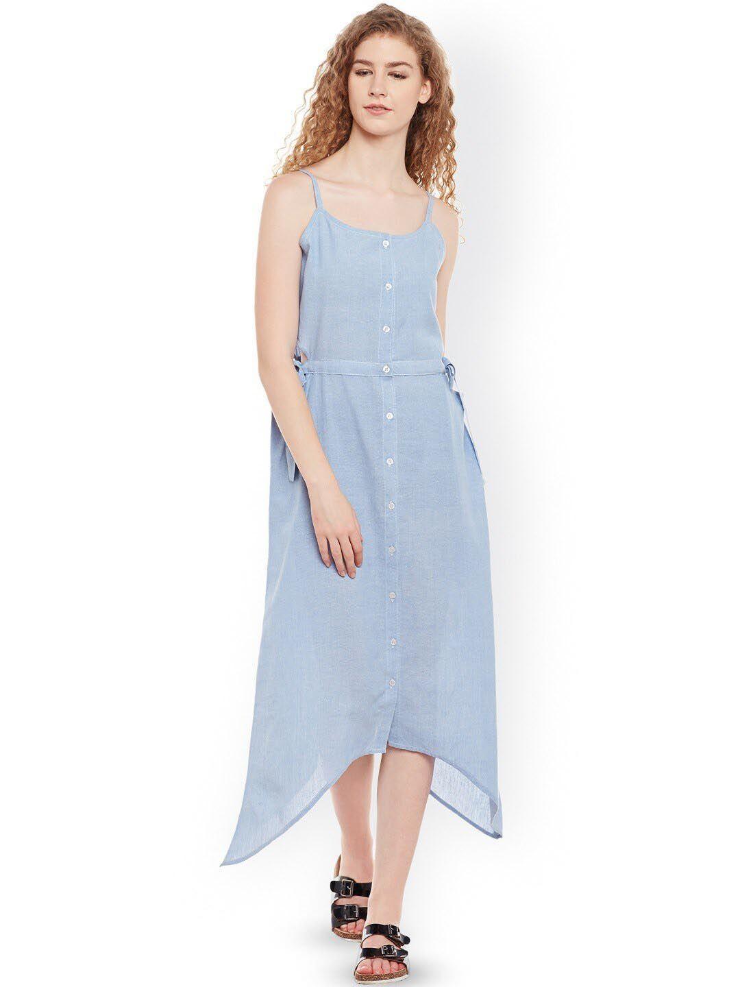 baesd high low shoulder straps denim sleeveless shirt midi dress