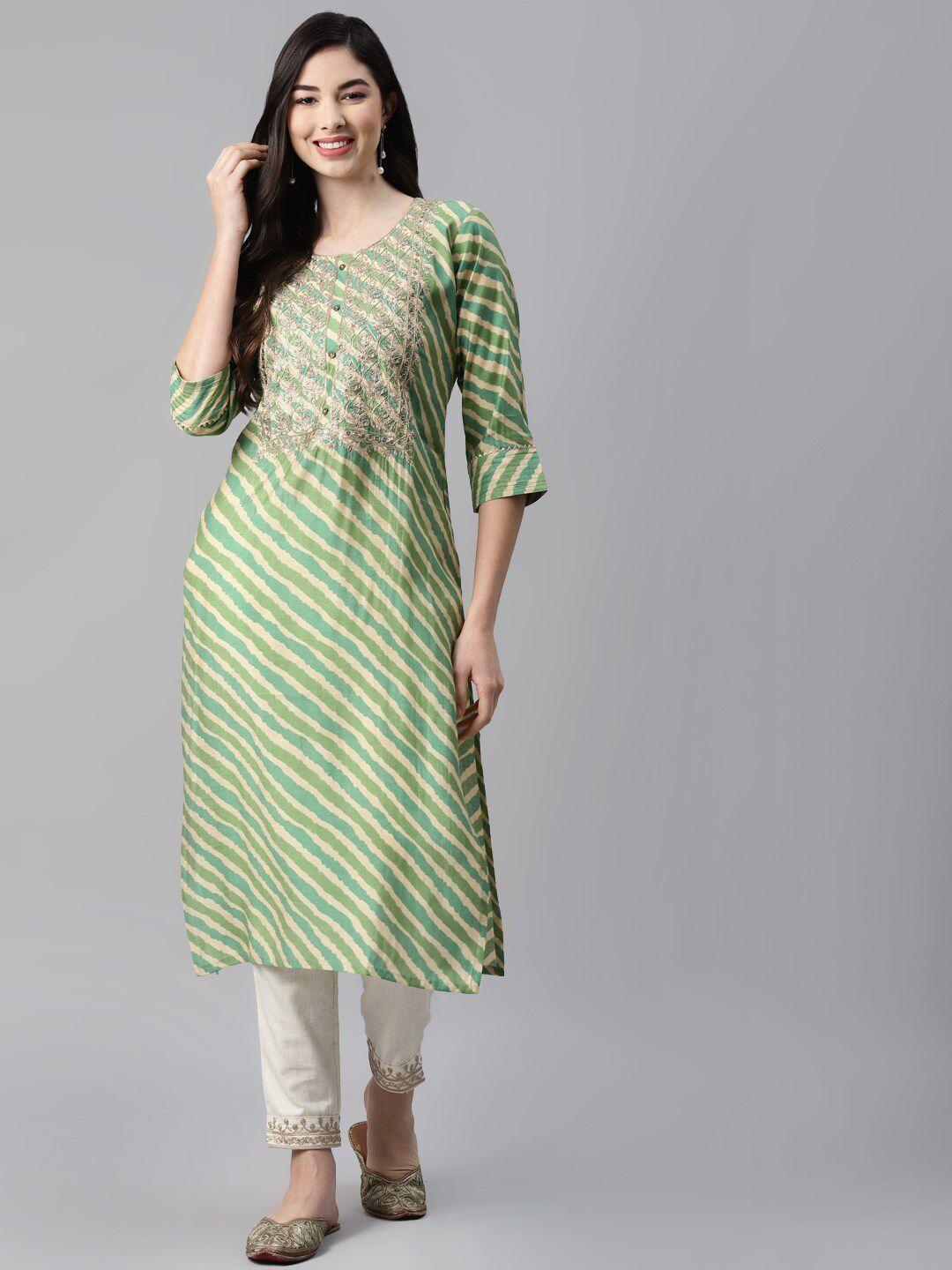 baesd leheriya printed round neck thread work sequined straight kurta