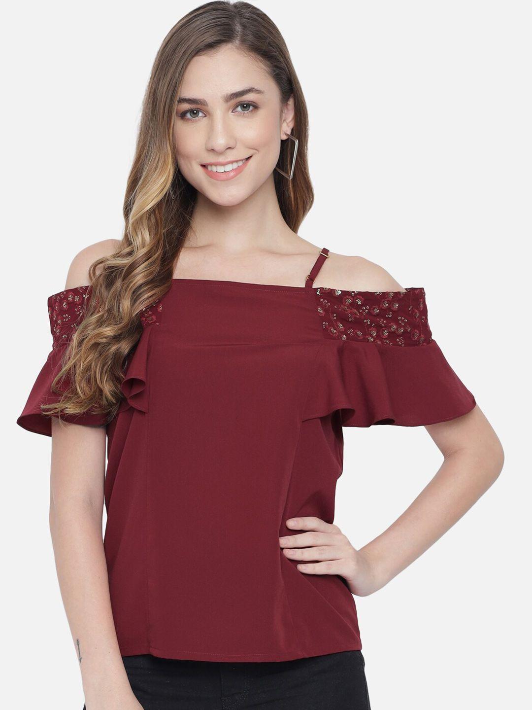 baesd maroon embellished embroidered cold-shoulder crepe top