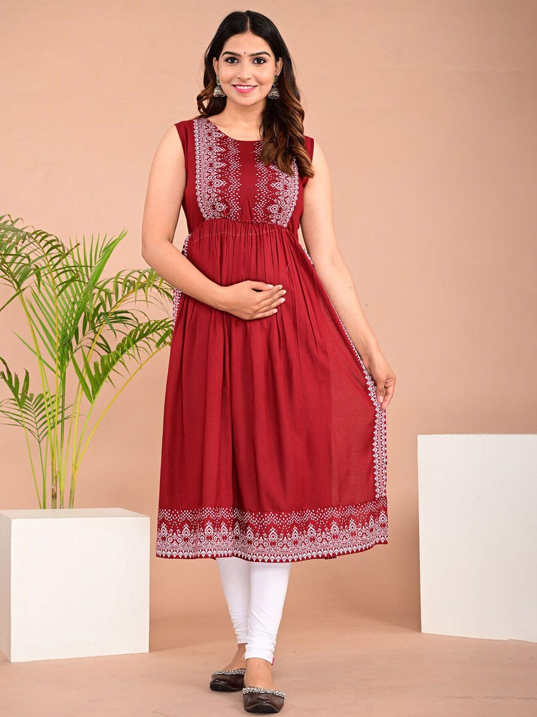 baesd maroon ethnic motifs print maternity fit & flare dress