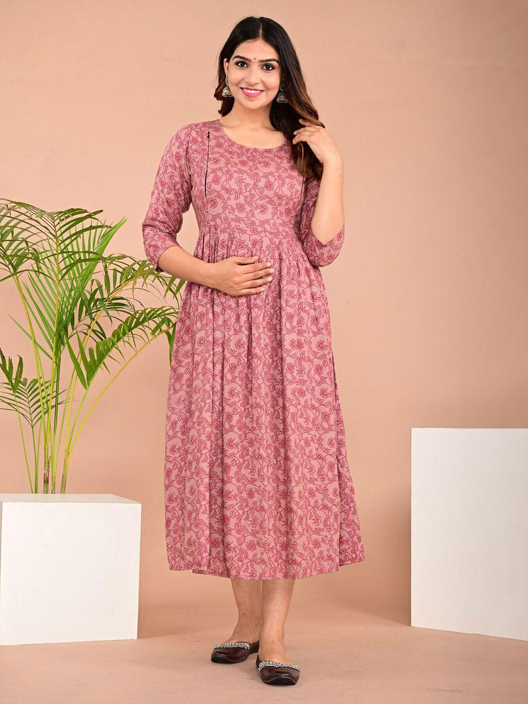 baesd maroon ethnic motifs print maternity fit & flare dress