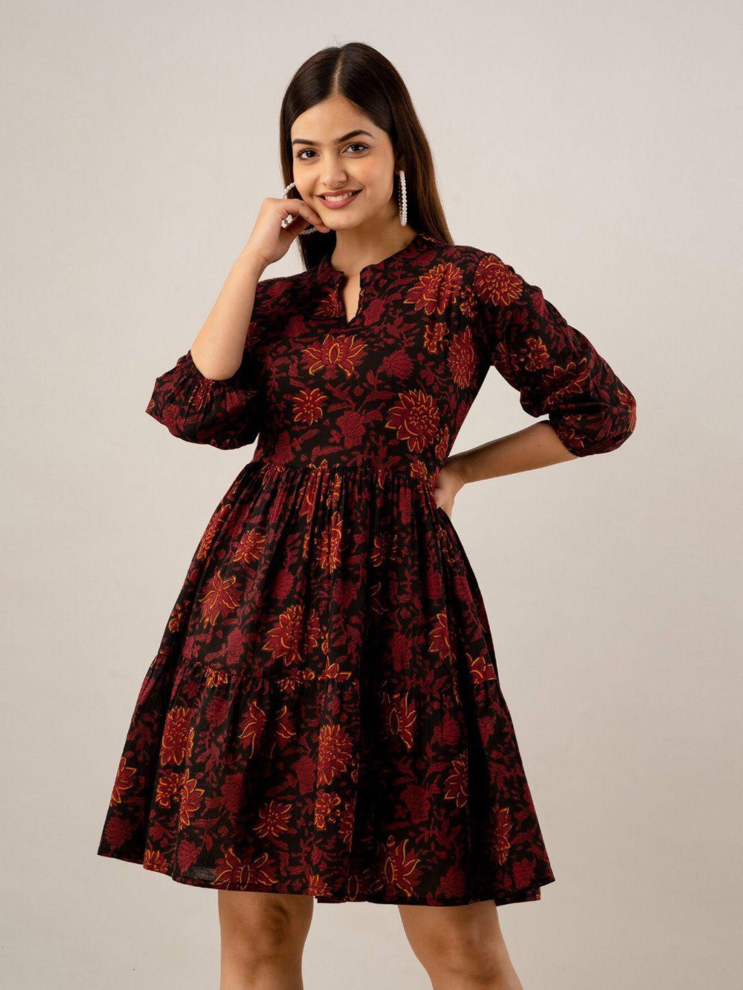 baesd maroon floral print fit & flare dress
