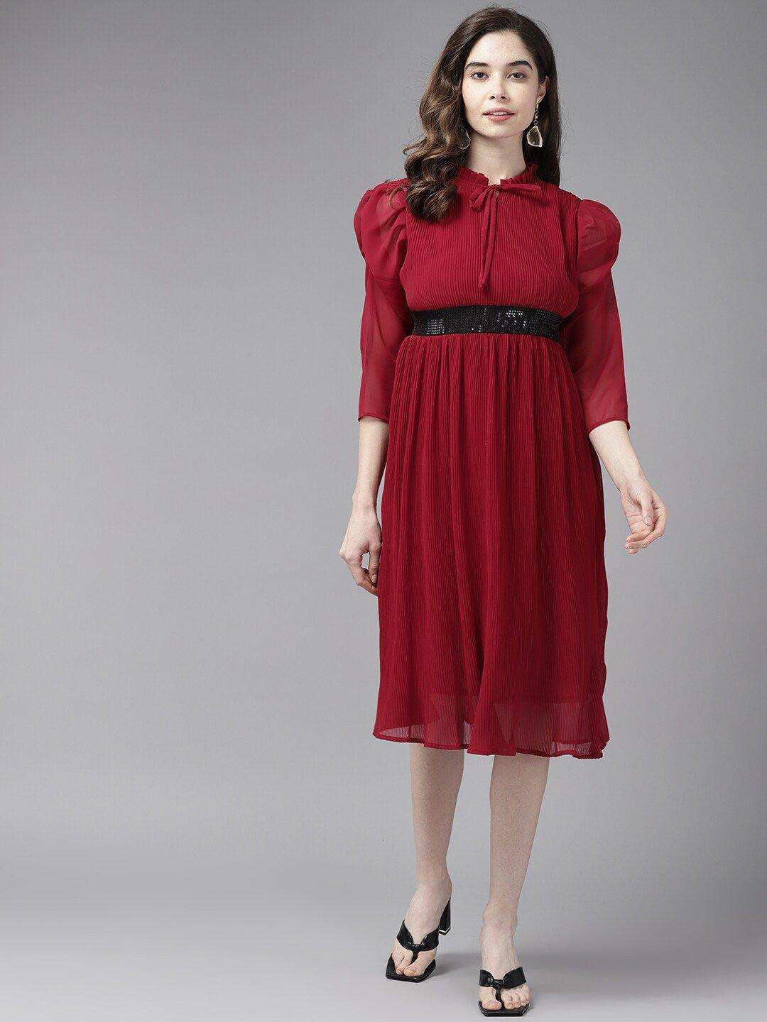 baesd maroon georgette fit & flare midi dress