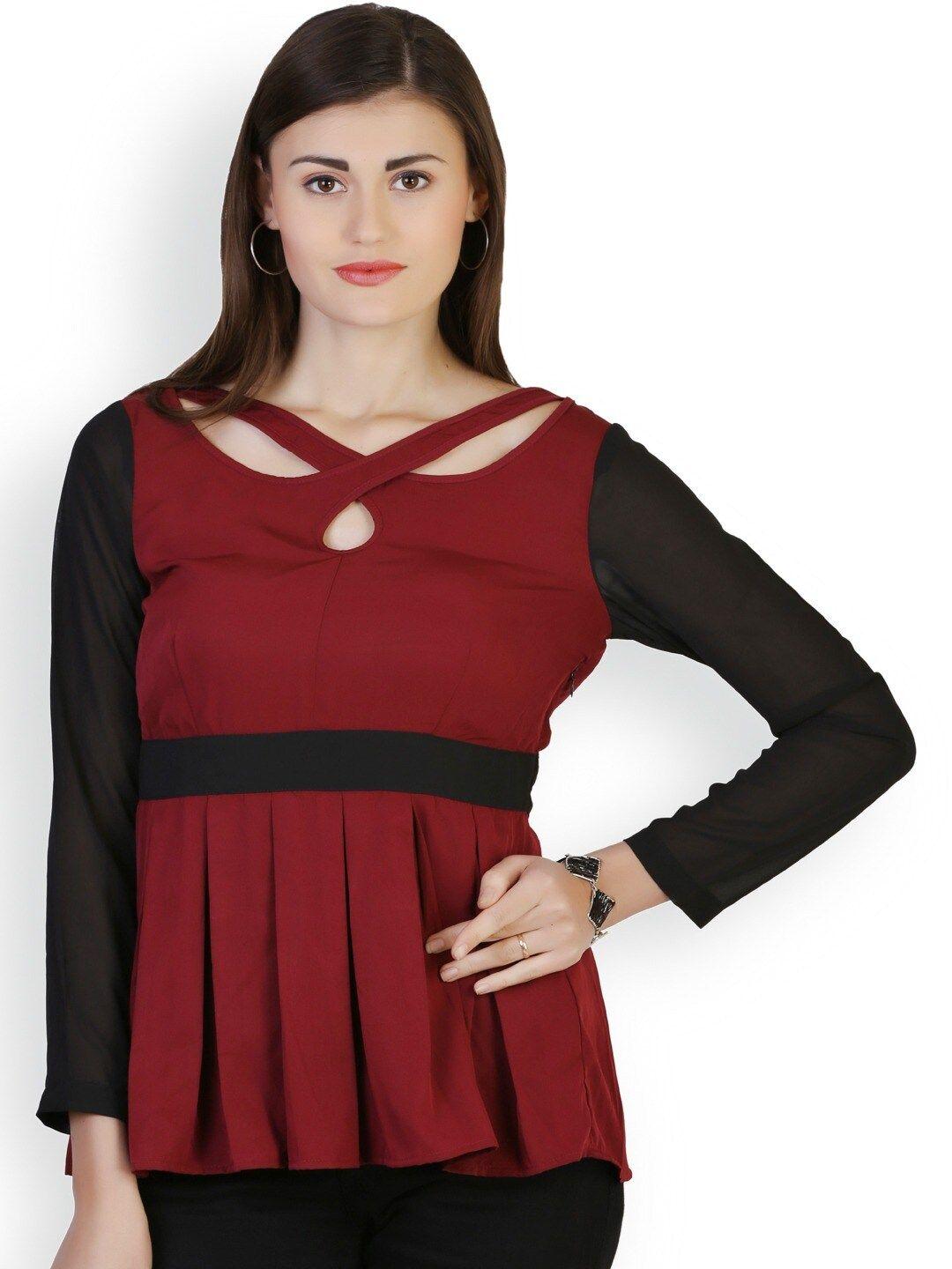 baesd maroon keyhole neck gathered cinched waist top