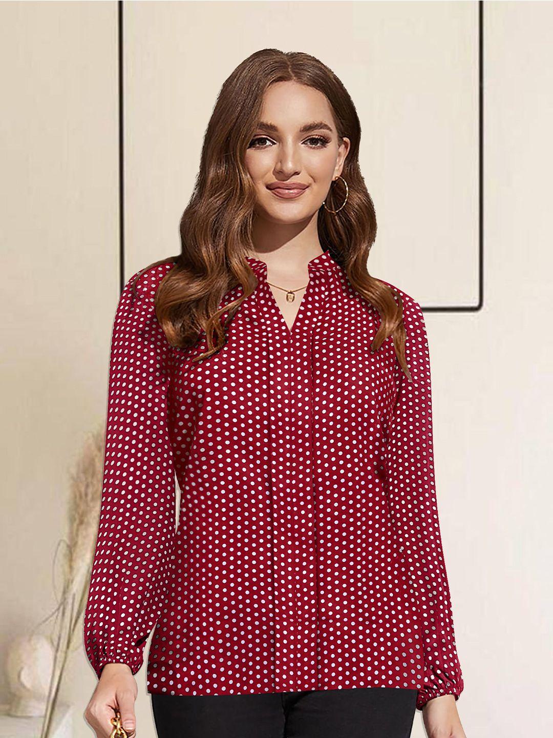 baesd maroon polka dot print mandarin collar puff sleeve cotton top