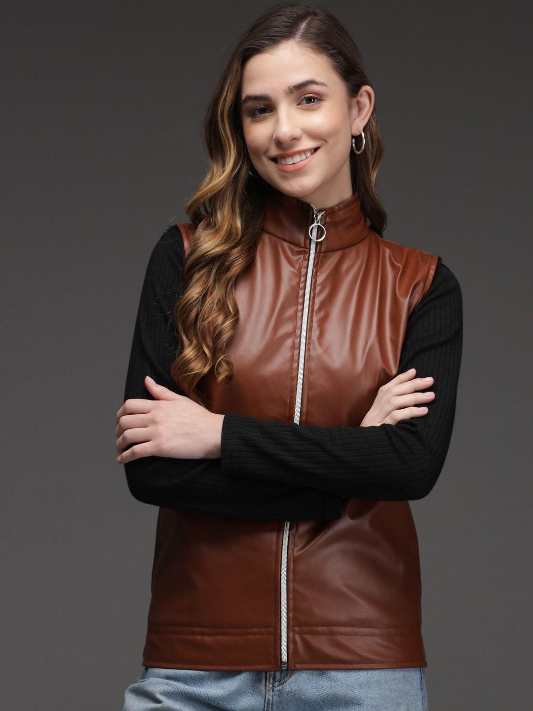 baesd mock collar sleeveless leather jacket