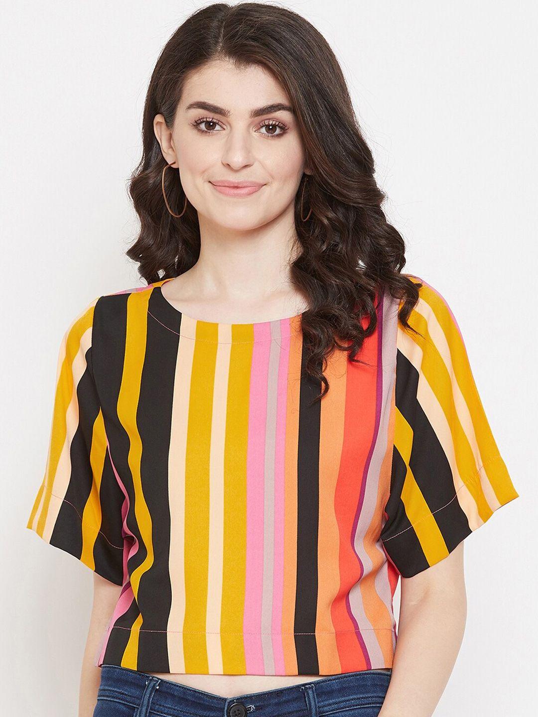 baesd multicoloured & coffee bean striped flared sleeve crepe styled back top