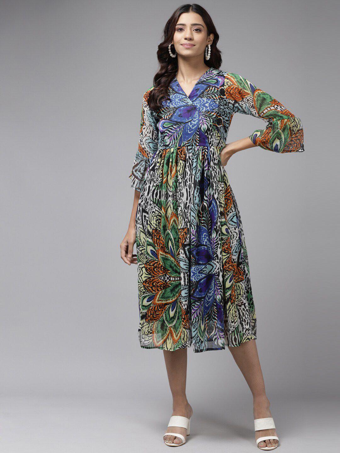 baesd multicoloured ethnic motifs print bell sleeve georgette a-line midi dress