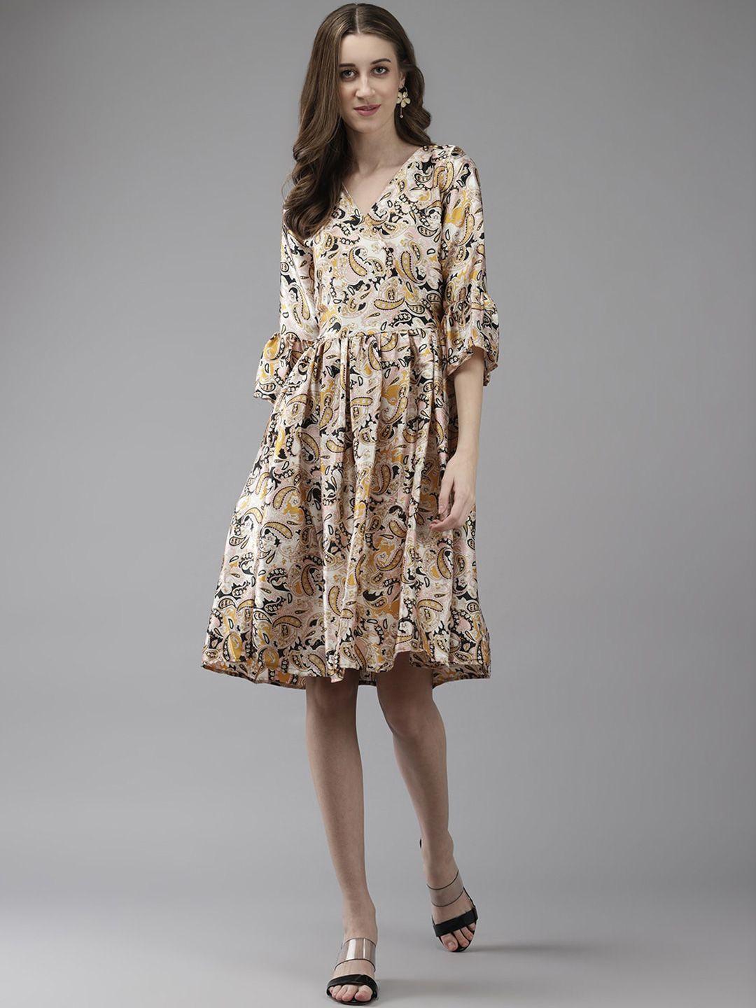 baesd multicoloured floral print puff sleeve net fit & flare dress