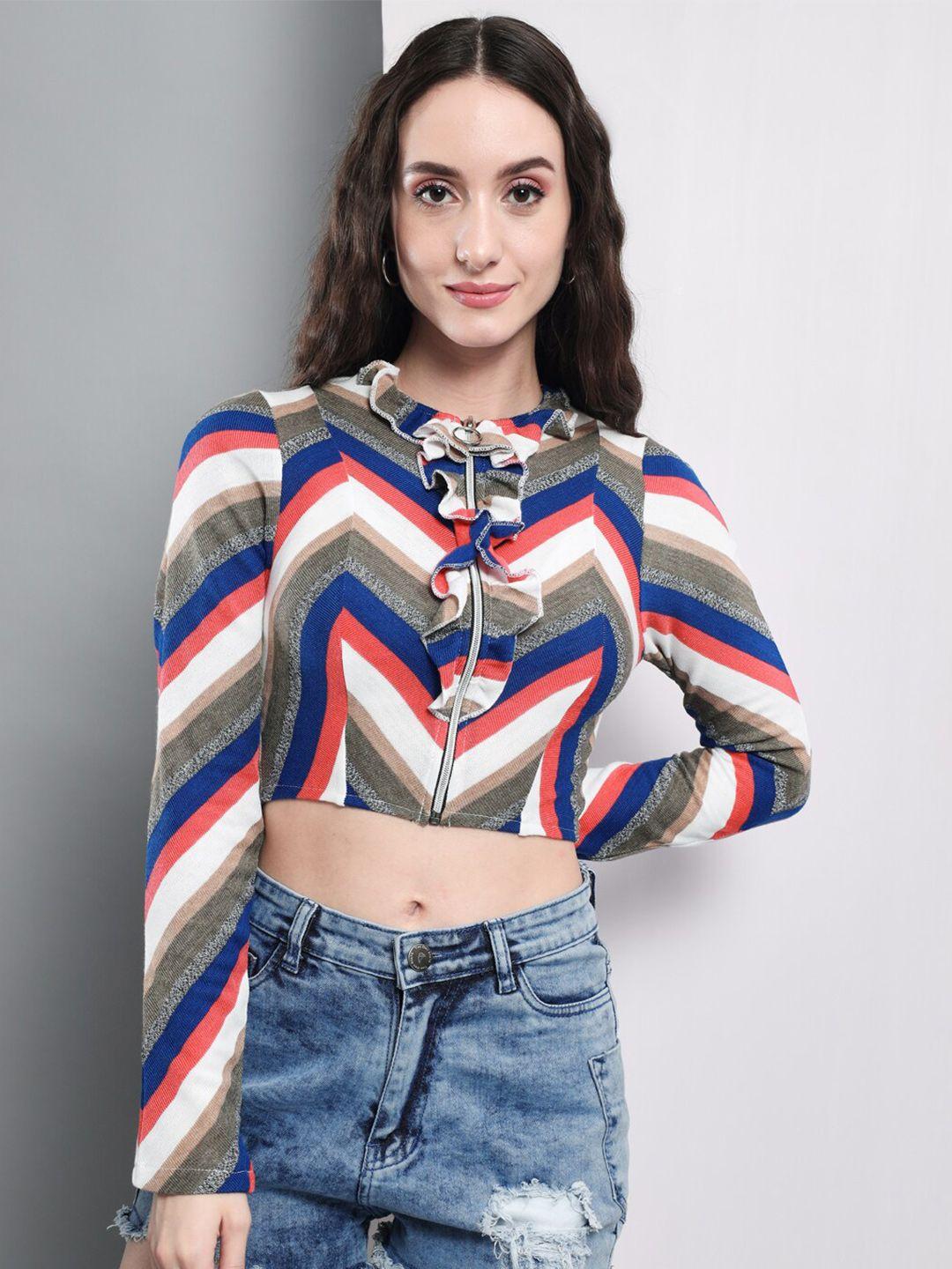 baesd multicoloured geometric print mandarin collar cotton shirt style crop top