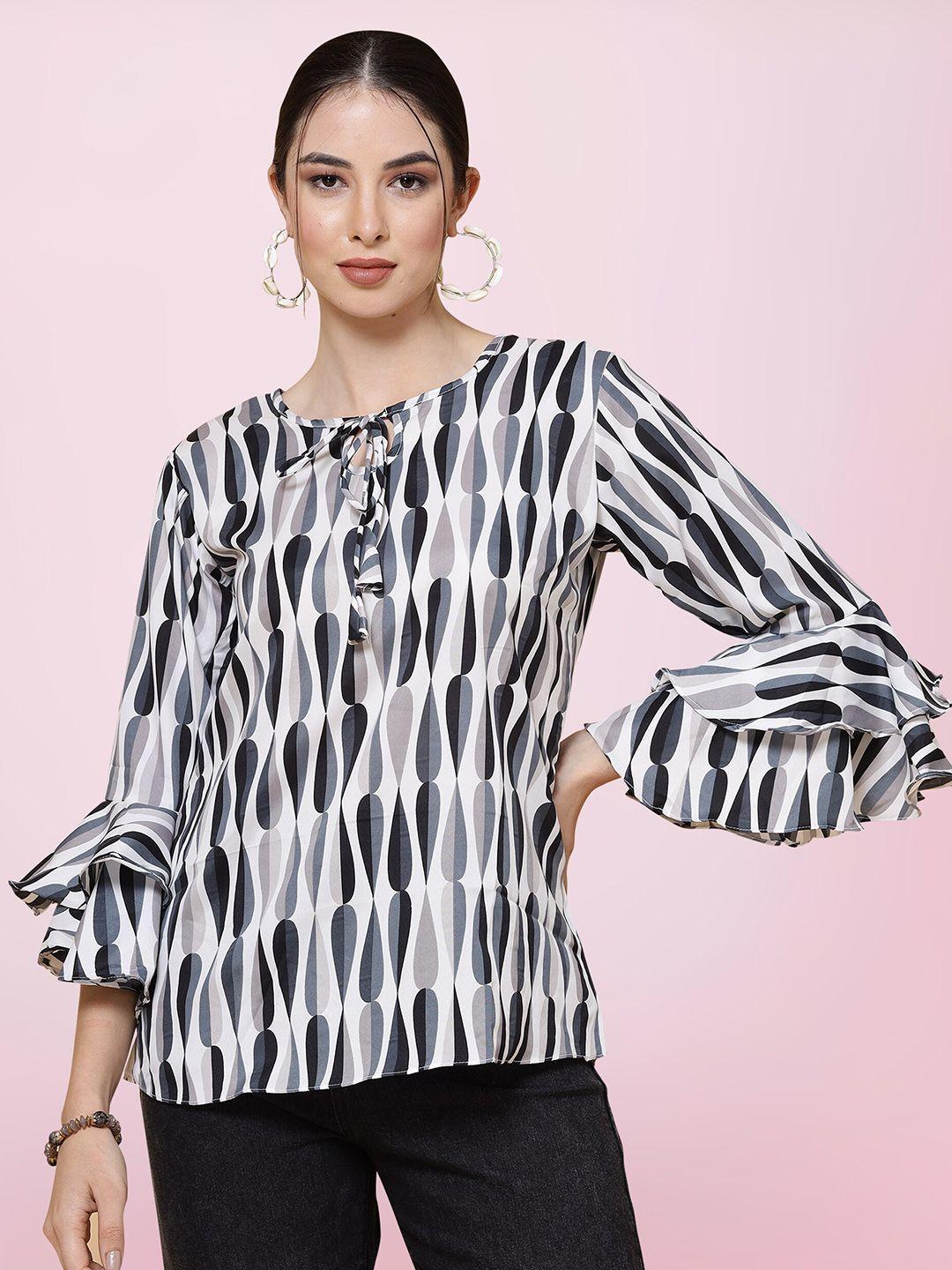 baesd multicoloured print tie-up neck bell sleeve crepe top