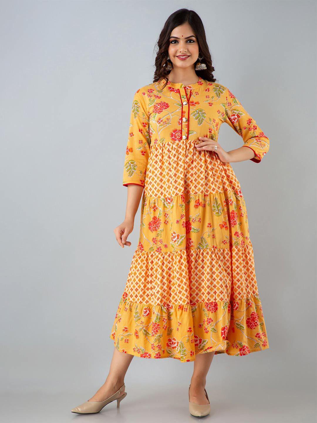 baesd mustard yellow & multicoloured floral print fit & flare dress