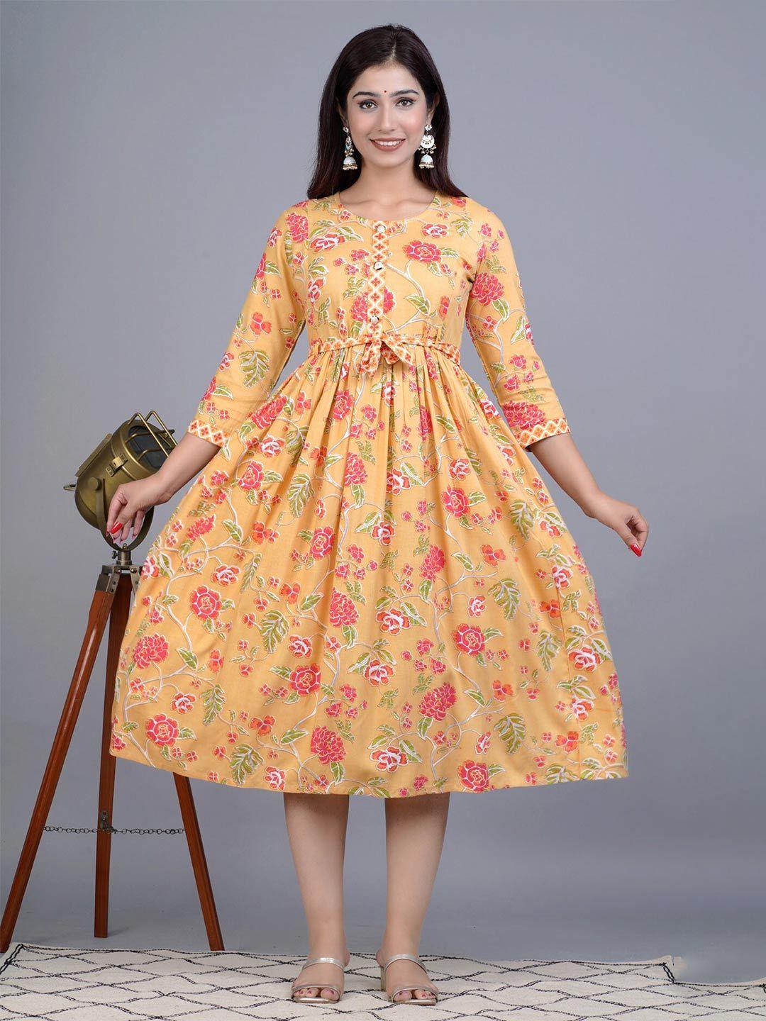 baesd mustard yellow & multicoloured floral print fit & flare dress