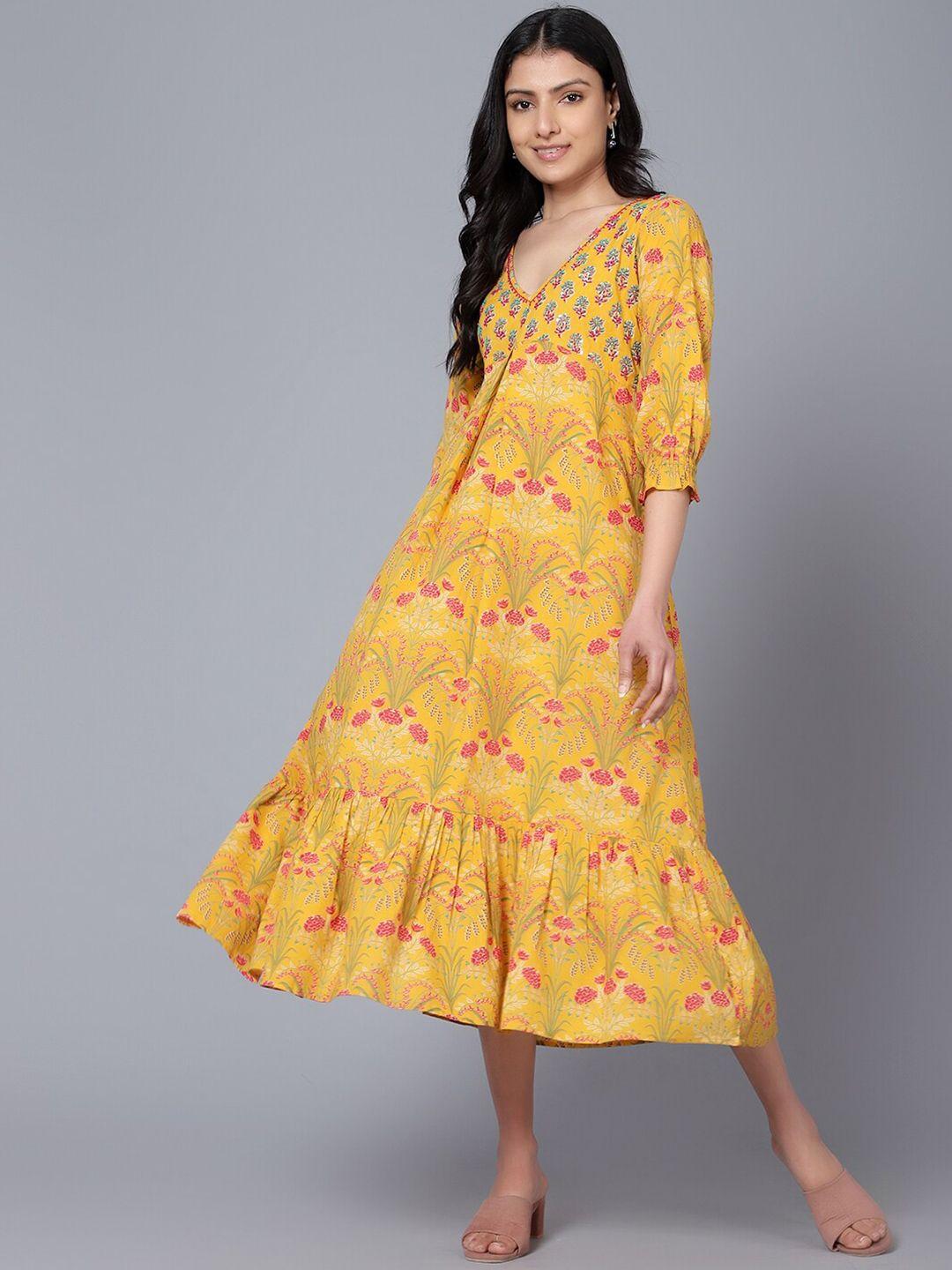 baesd mustard yellow puff sleeve a-line midi dress