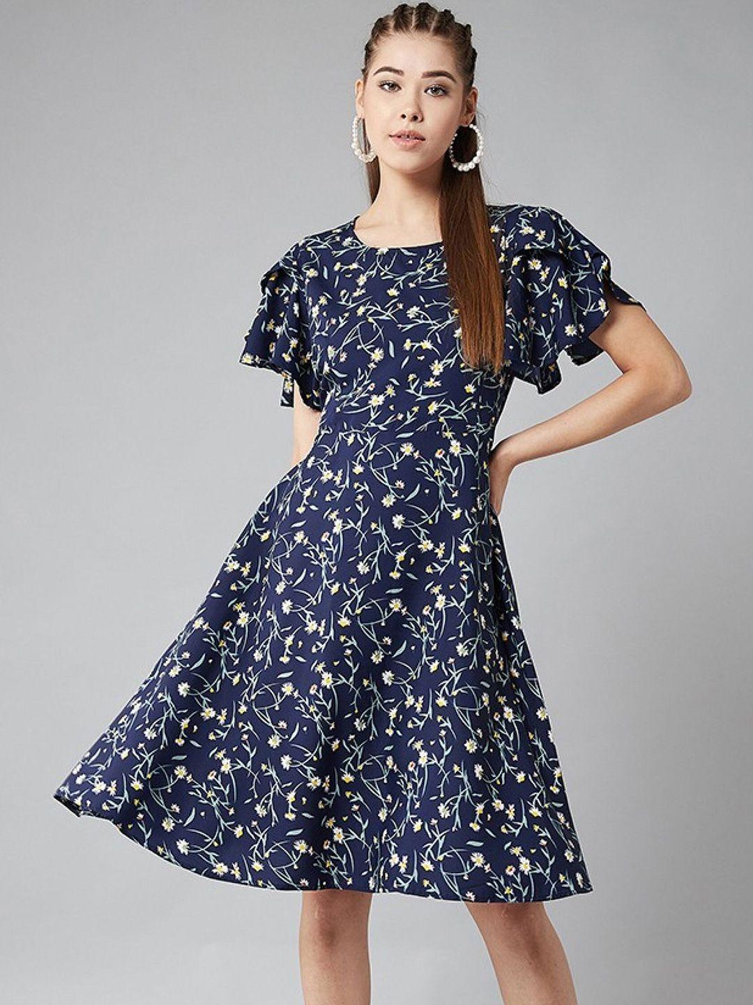 baesd navy blue floral print bell sleeve crepe a-line dress