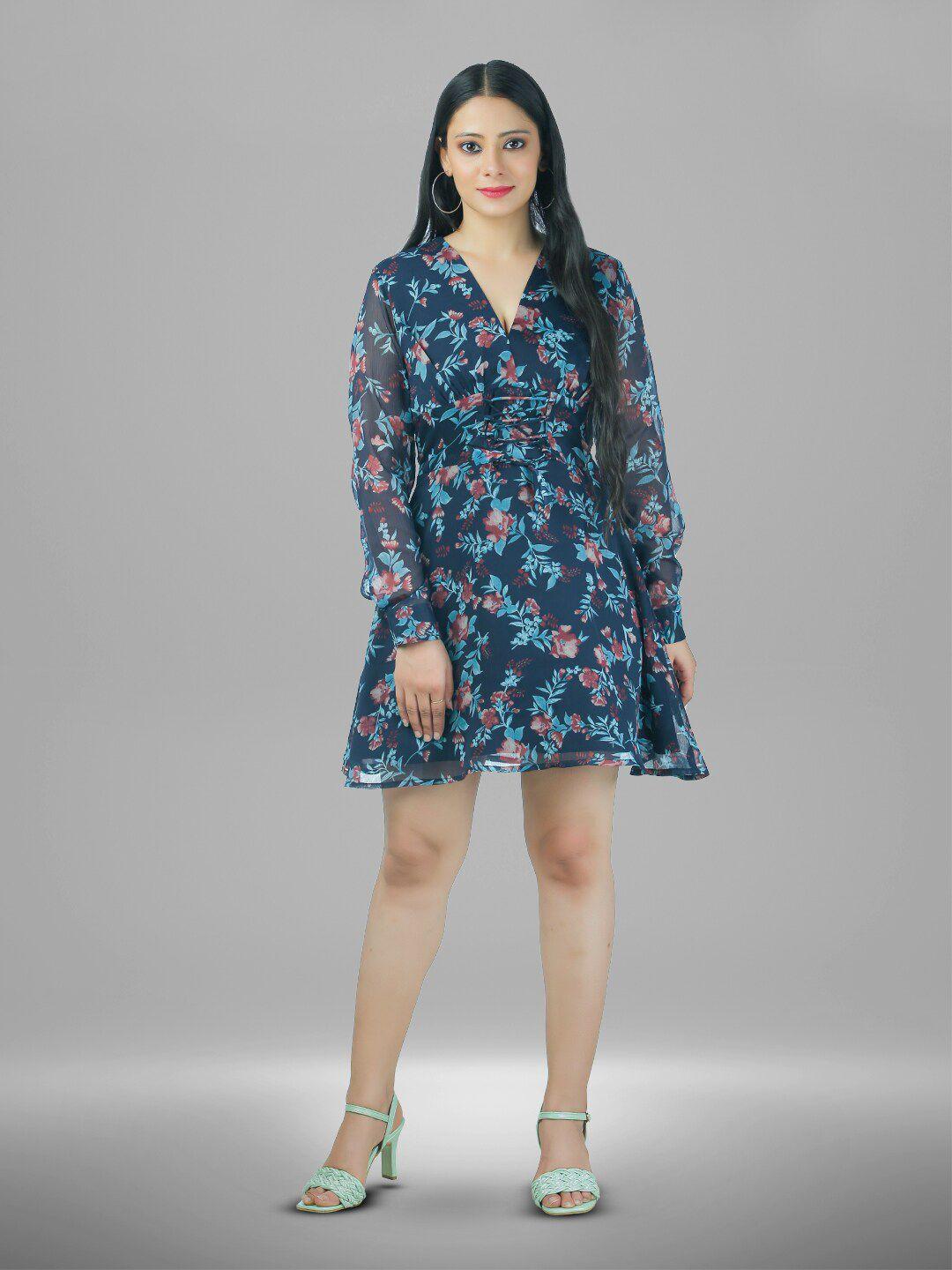 baesd navy blue floral print crepe fit & flare midi dress