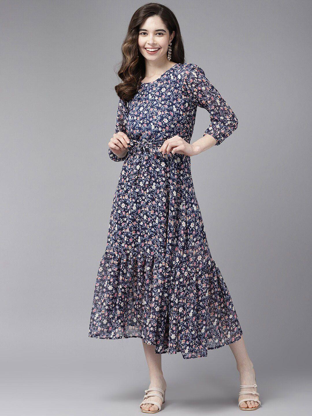 baesd navy blue floral print georgette a-line midi dress