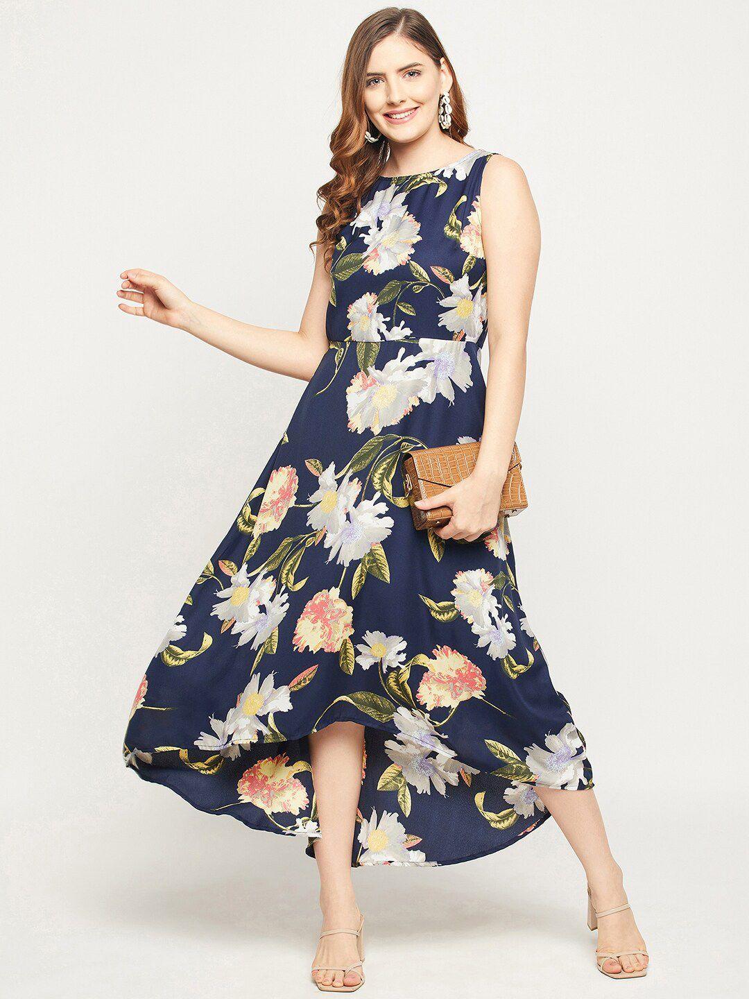 baesd navy blue floral print georgette fit & flare midi dress