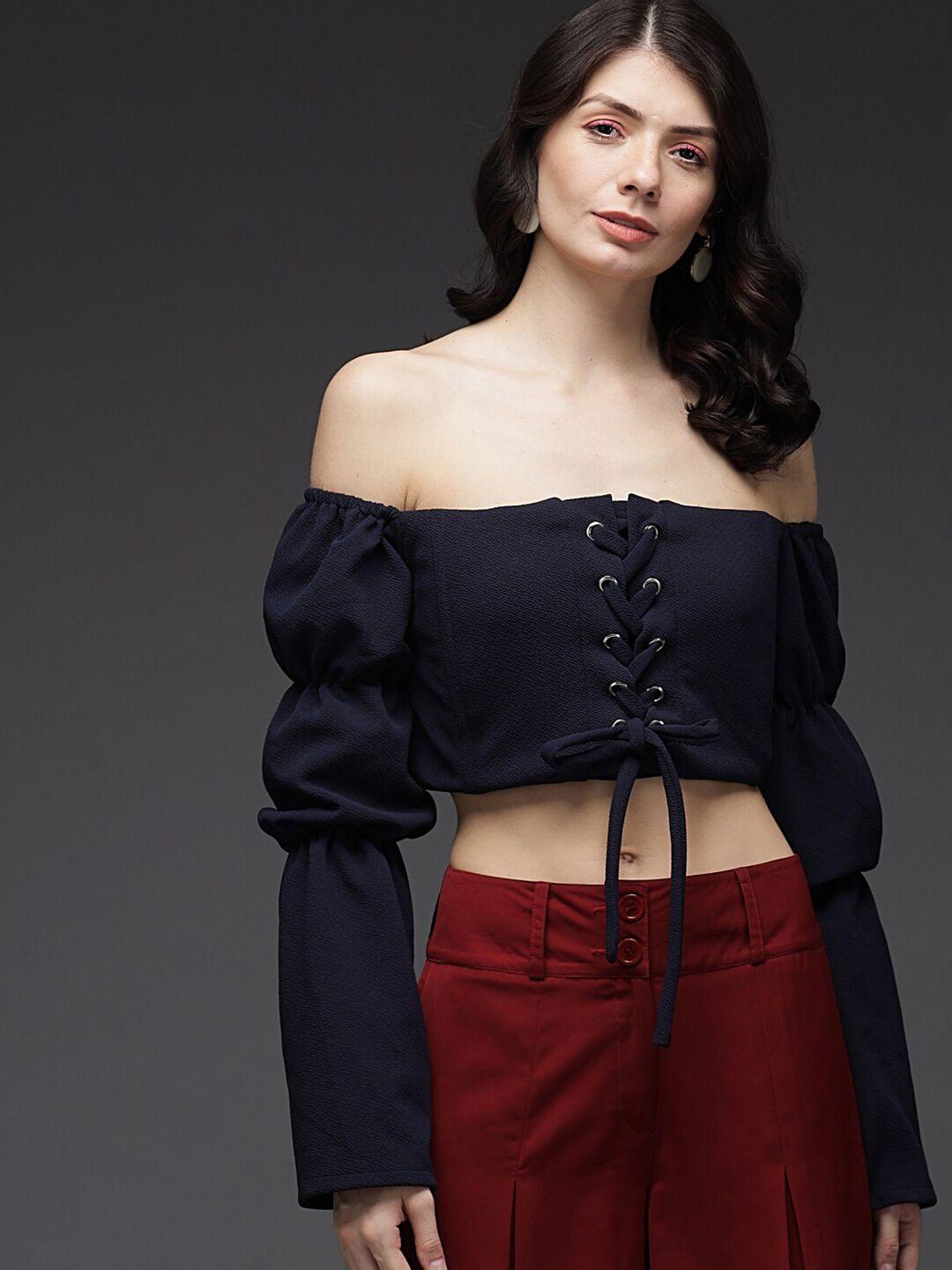 baesd navy blue off-shoulder puff sleeve bardot crop top