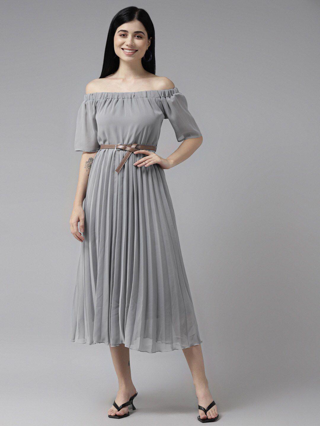 baesd off-shoulder georgette a-line midi dress