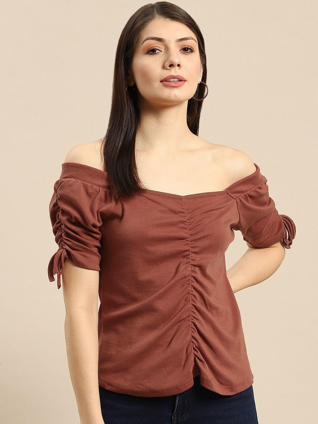 baesd off-shoulder puff sleeve ruched pure cotton bardot top