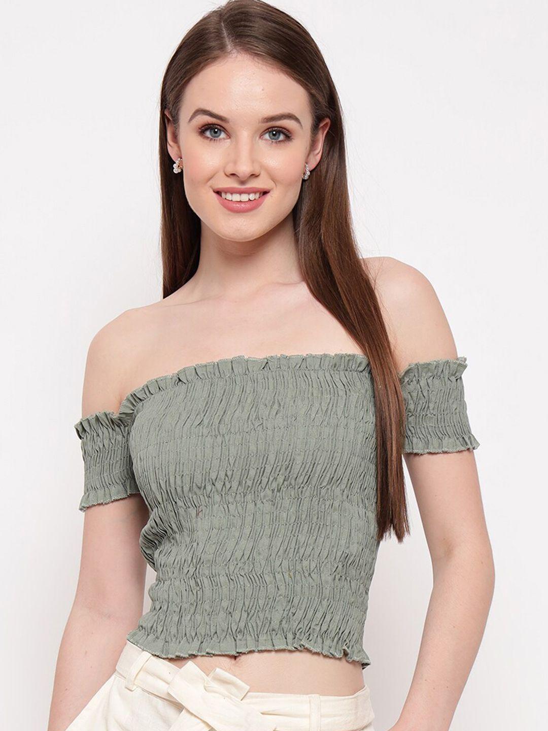 baesd off shoulder smocked fitted crop top