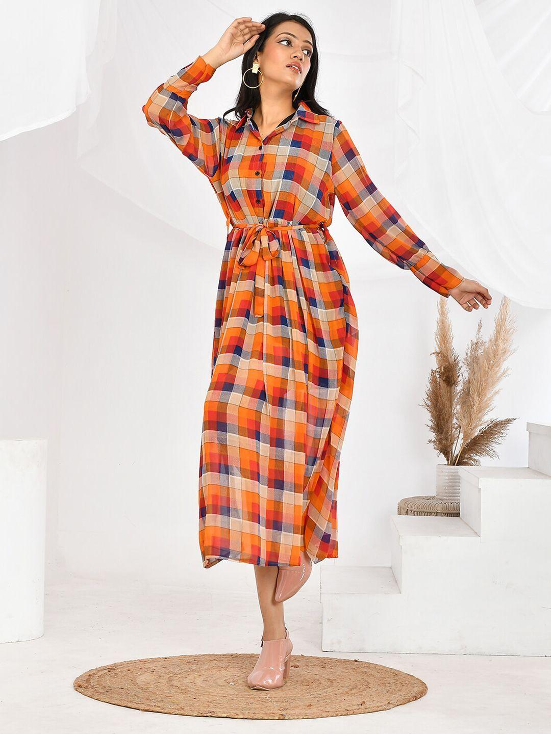 baesd orange checked formal fit & flare midi dress