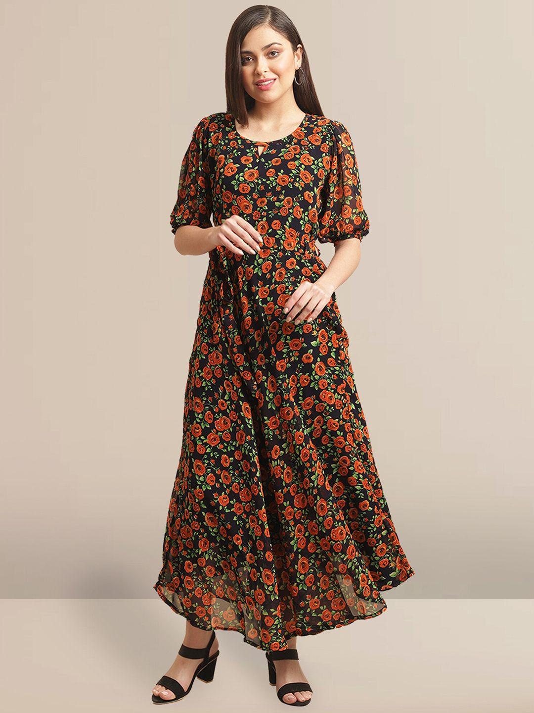 baesd orange floral print georgette maxi dress