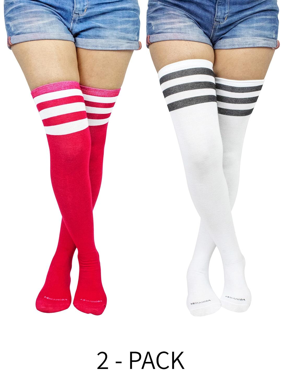 baesd pack of 2 cotton striped-detail thigh-high stockings