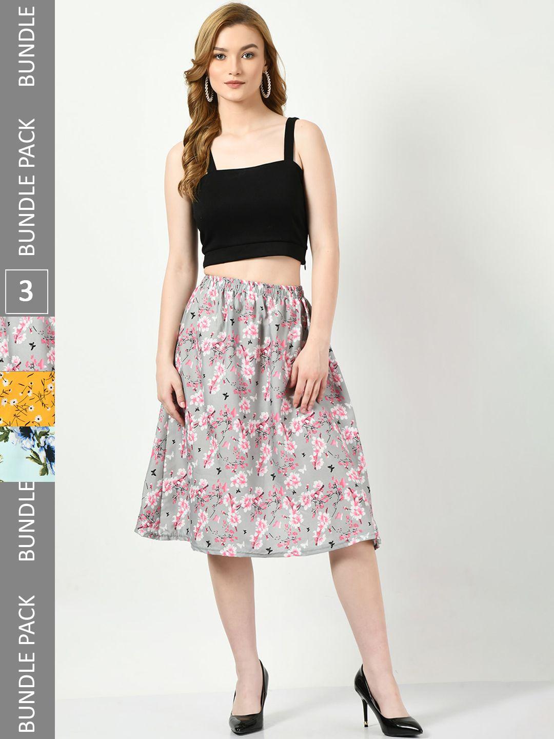 baesd pack of 3 floral printed flared midi crepe skirts