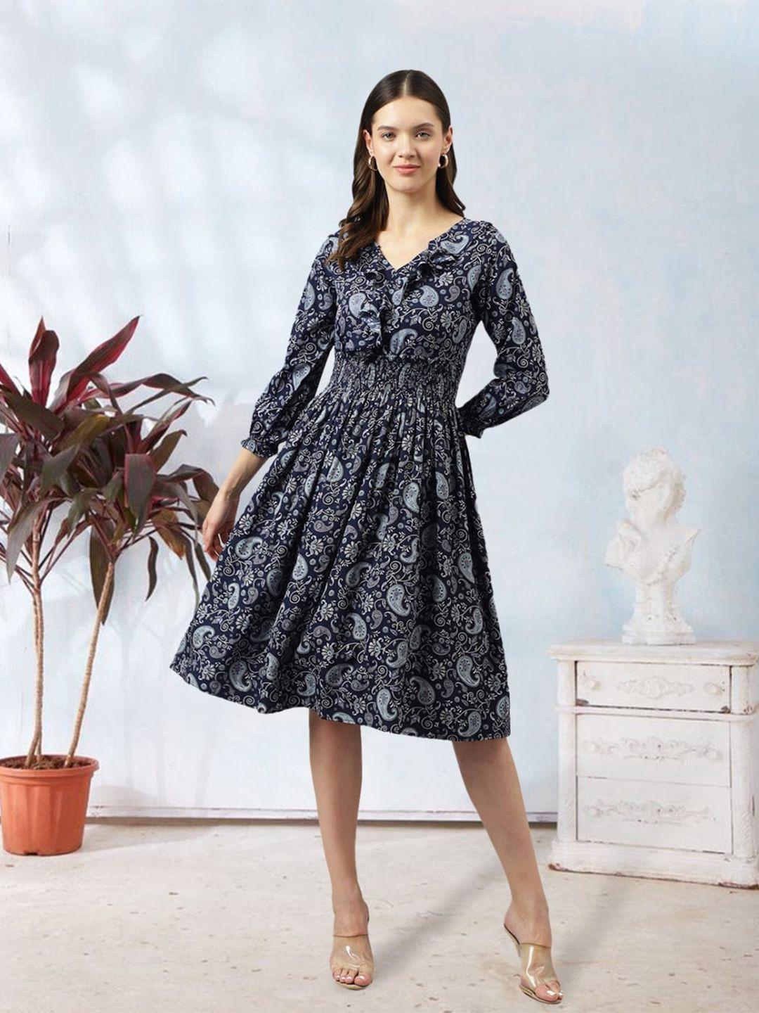 baesd paisley printed smocked fit & flare dress