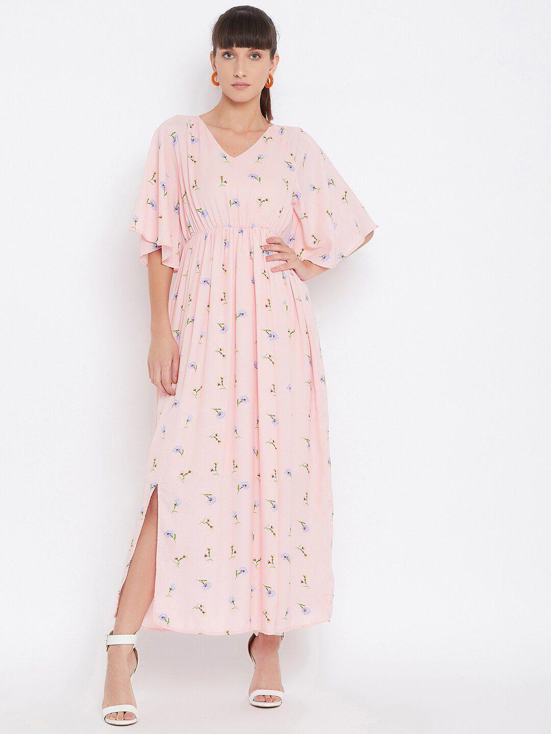 baesd peach-coloured floral print flared sleeve georgette maxi dress