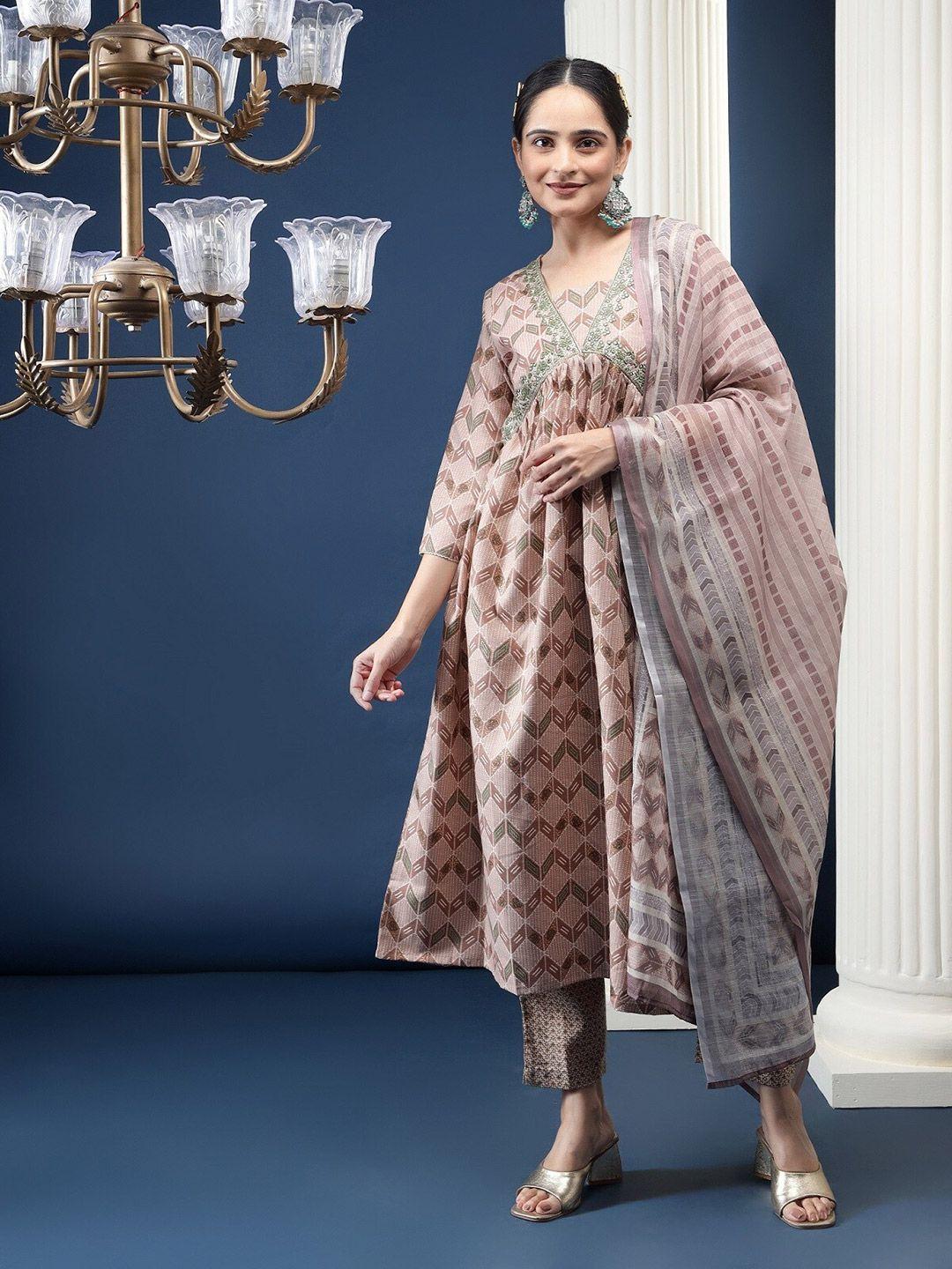 baesd plus size geometric printed thread work pure cotton kurta with trouser & dupatta