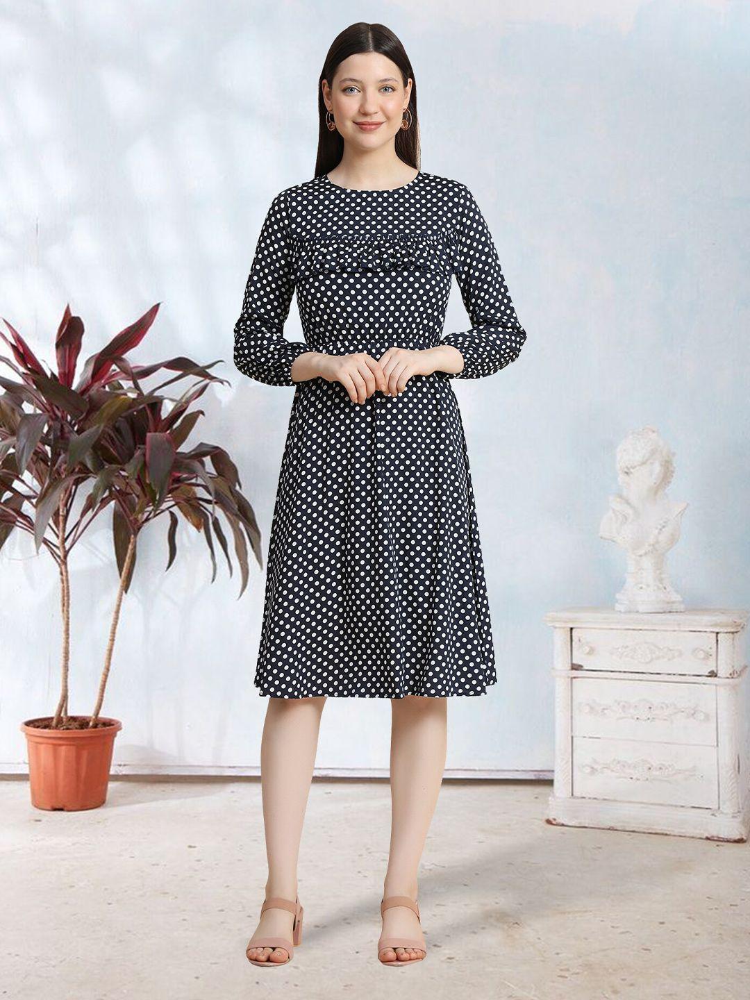 baesd polka dot printed puff sleeves gathered detailed fit & flare dress
