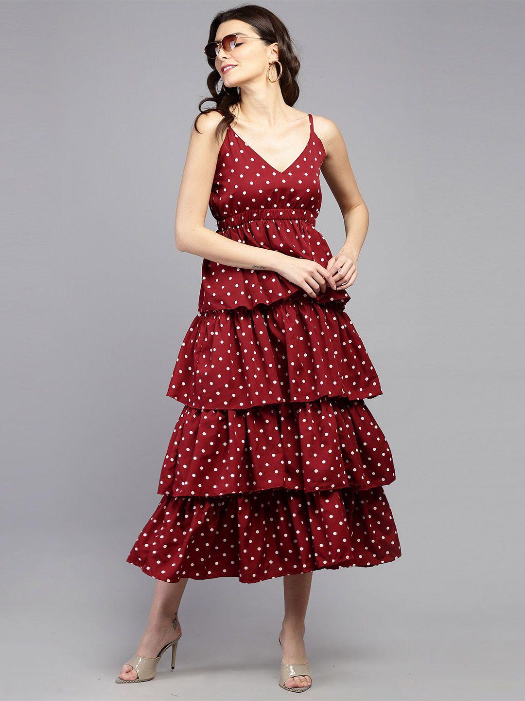 baesd polka dot printed ruffles detail fit & flare midi dress