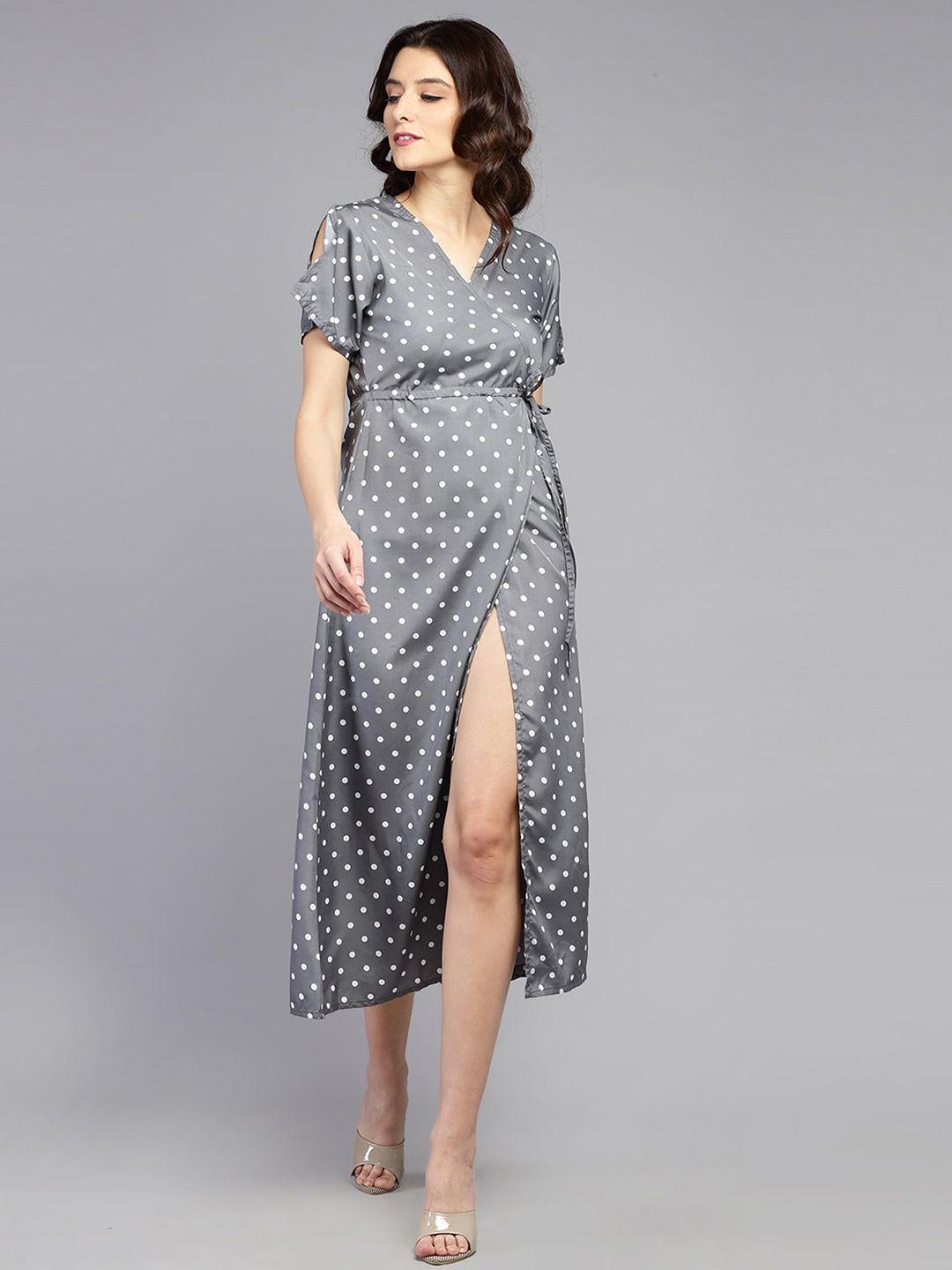 baesd polka dot printed tie-ups detail wrap midi dress