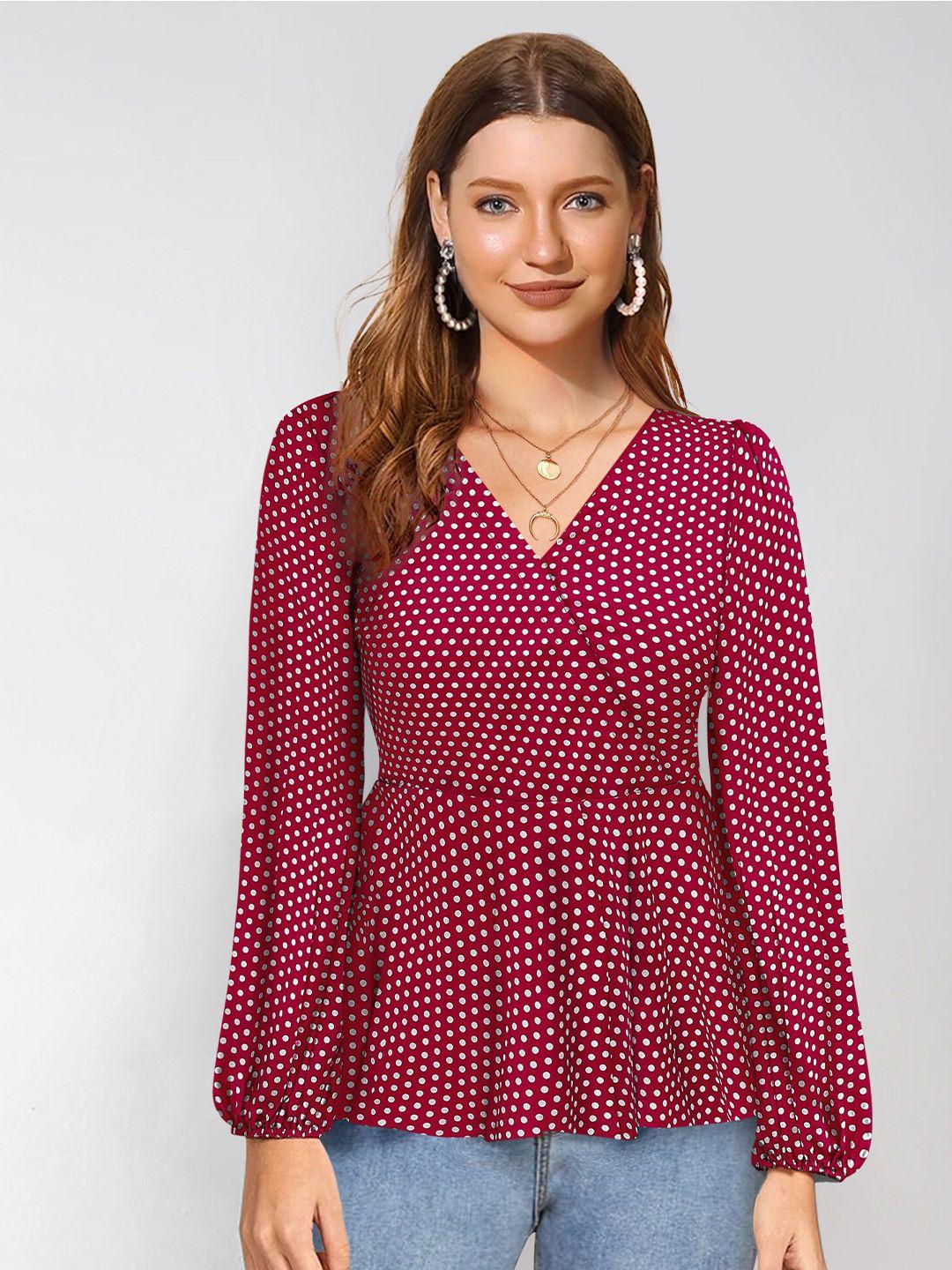 baesd polka dot printed v-neck puff sleeves cotton peplum top