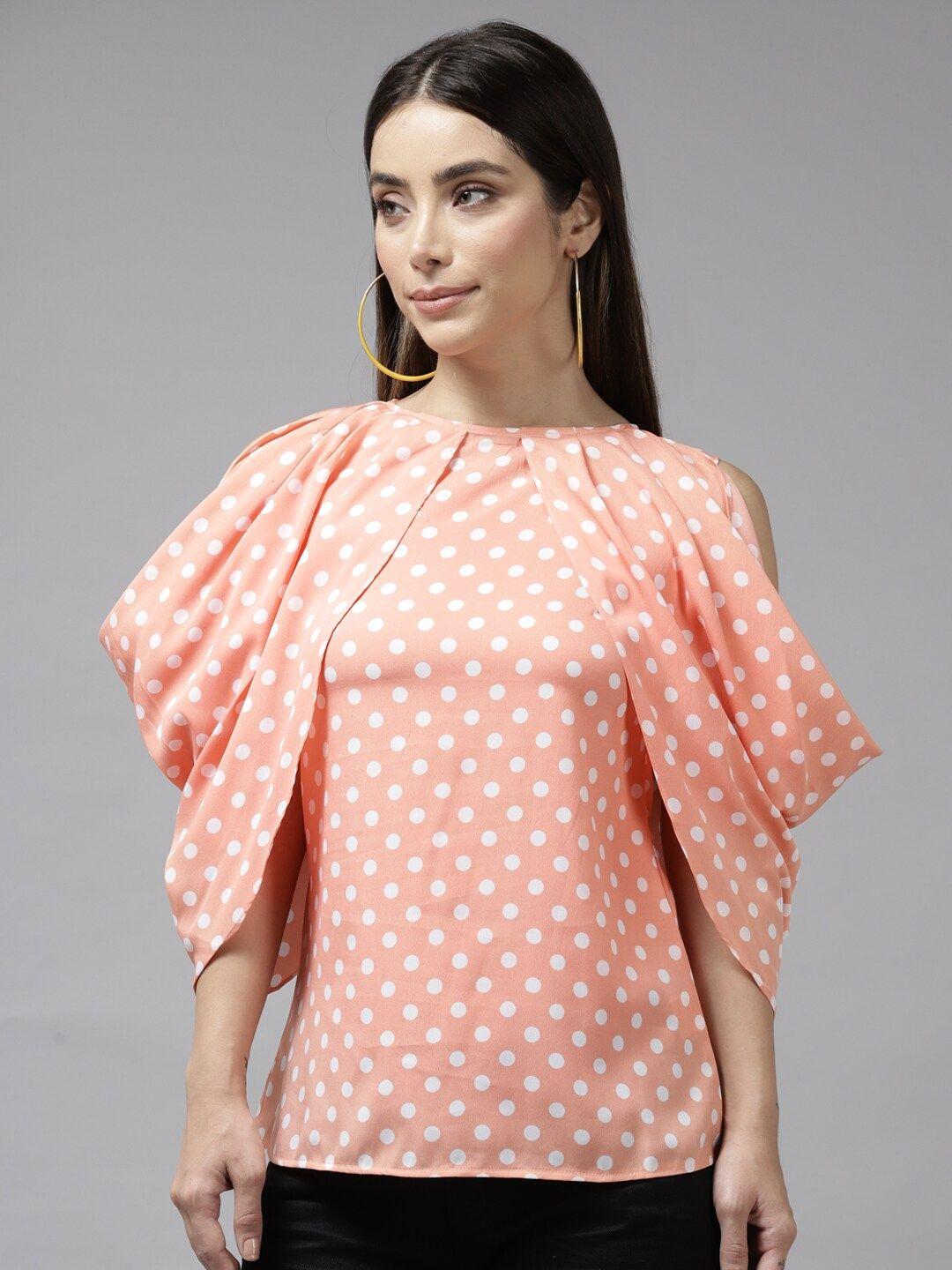 baesd polka dots printed cold-shoulder sleeves a-line top