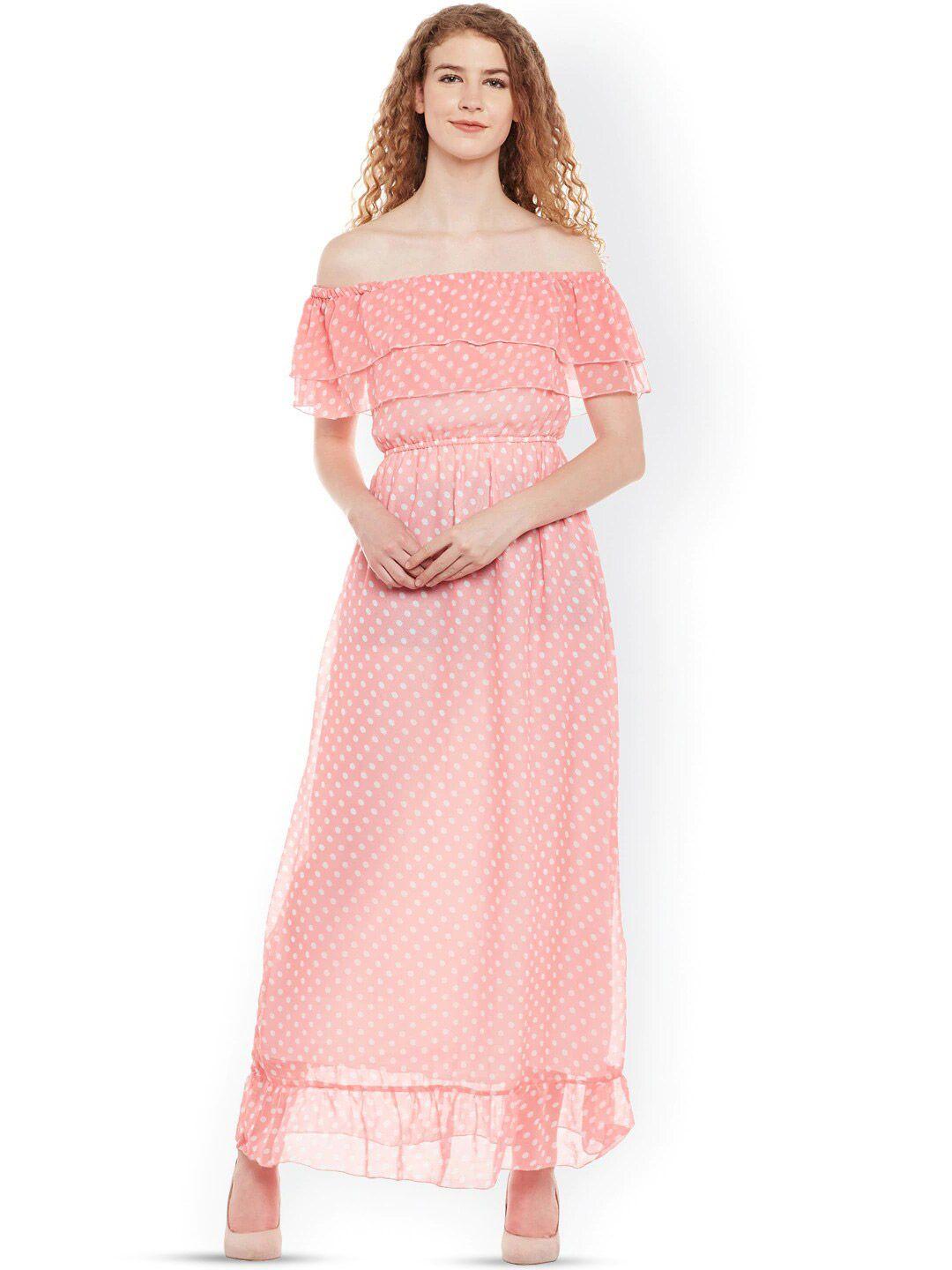 baesd polka dots printed off-shoulder flared sleeves ruffled georgette maxi dress