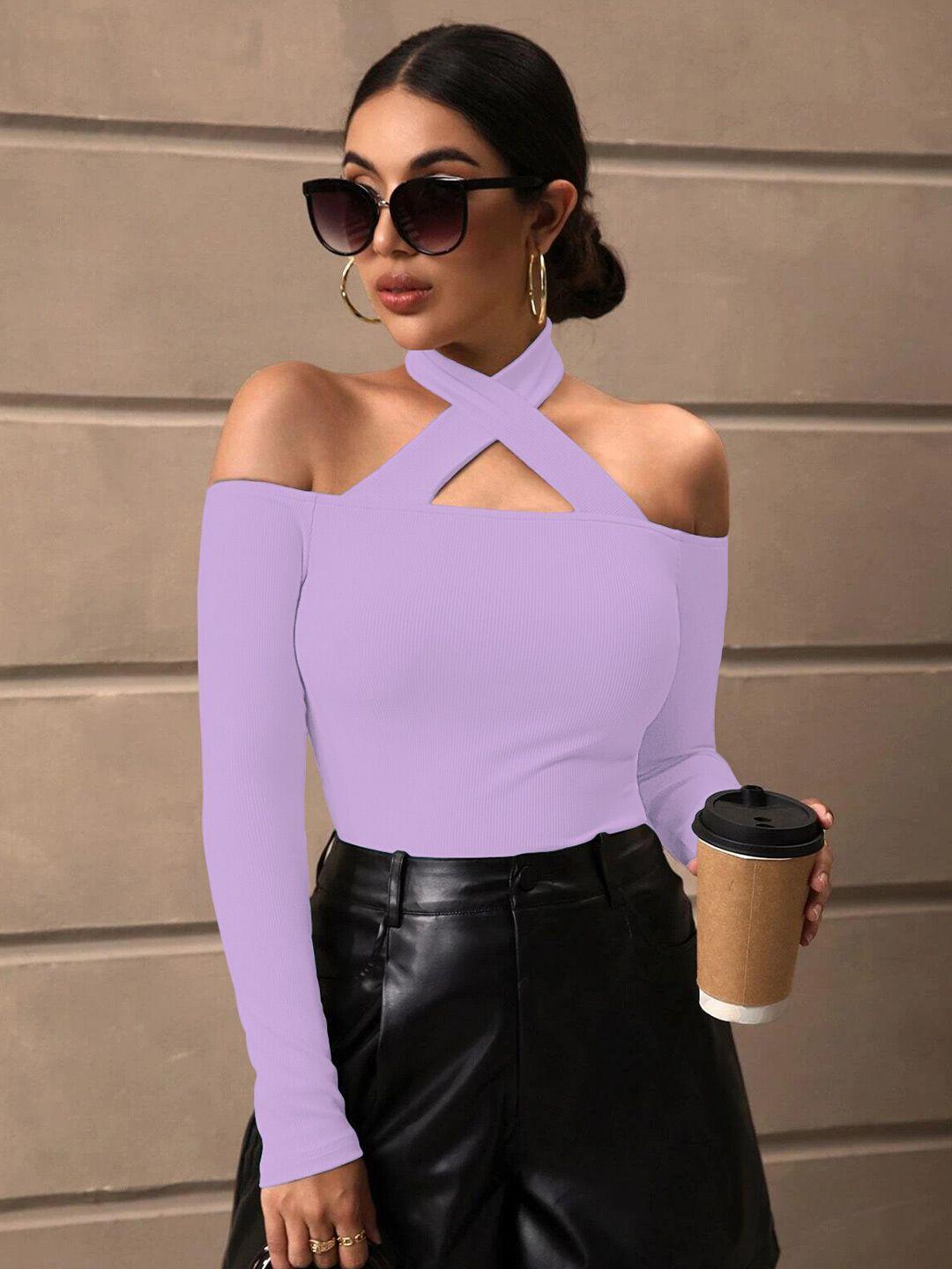 baesd purple cold-shoulder sheen top