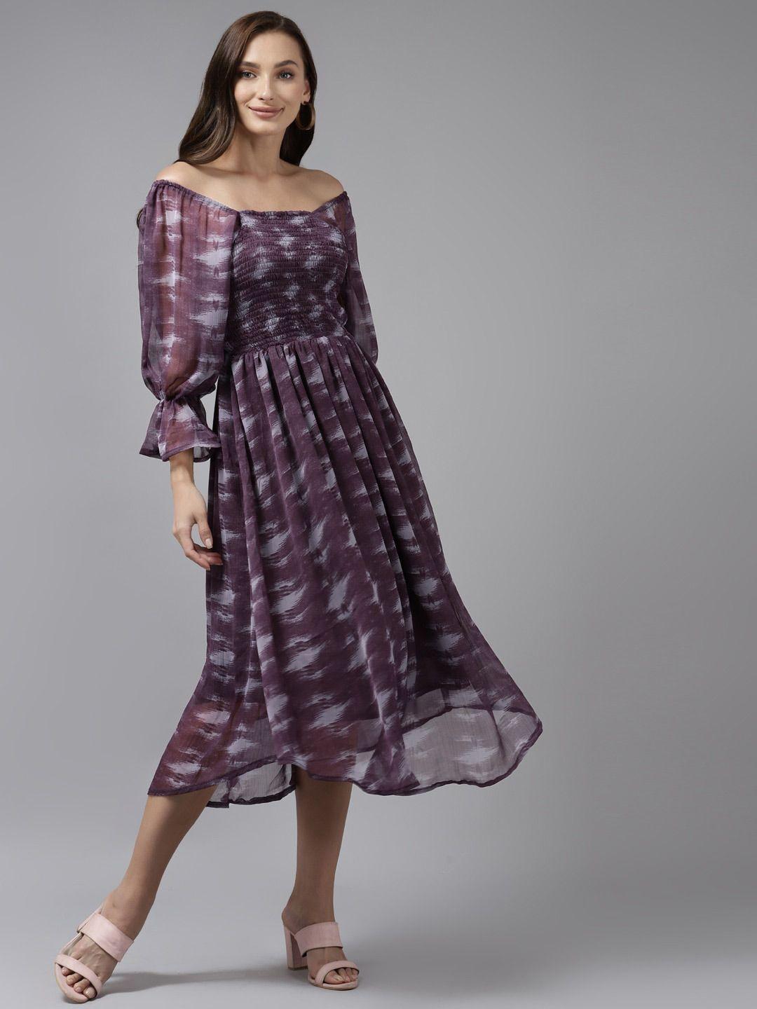 baesd purple tie and dye dyed off-shoulder bell sleeve fit & flare midi dress